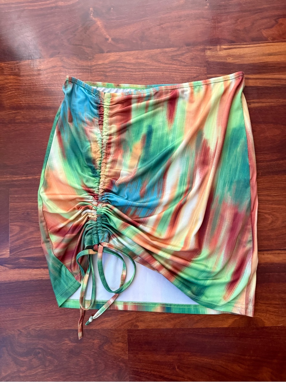 Beginning Boutique Green, Orange and Blue Ruched Mini Skirt Medium
